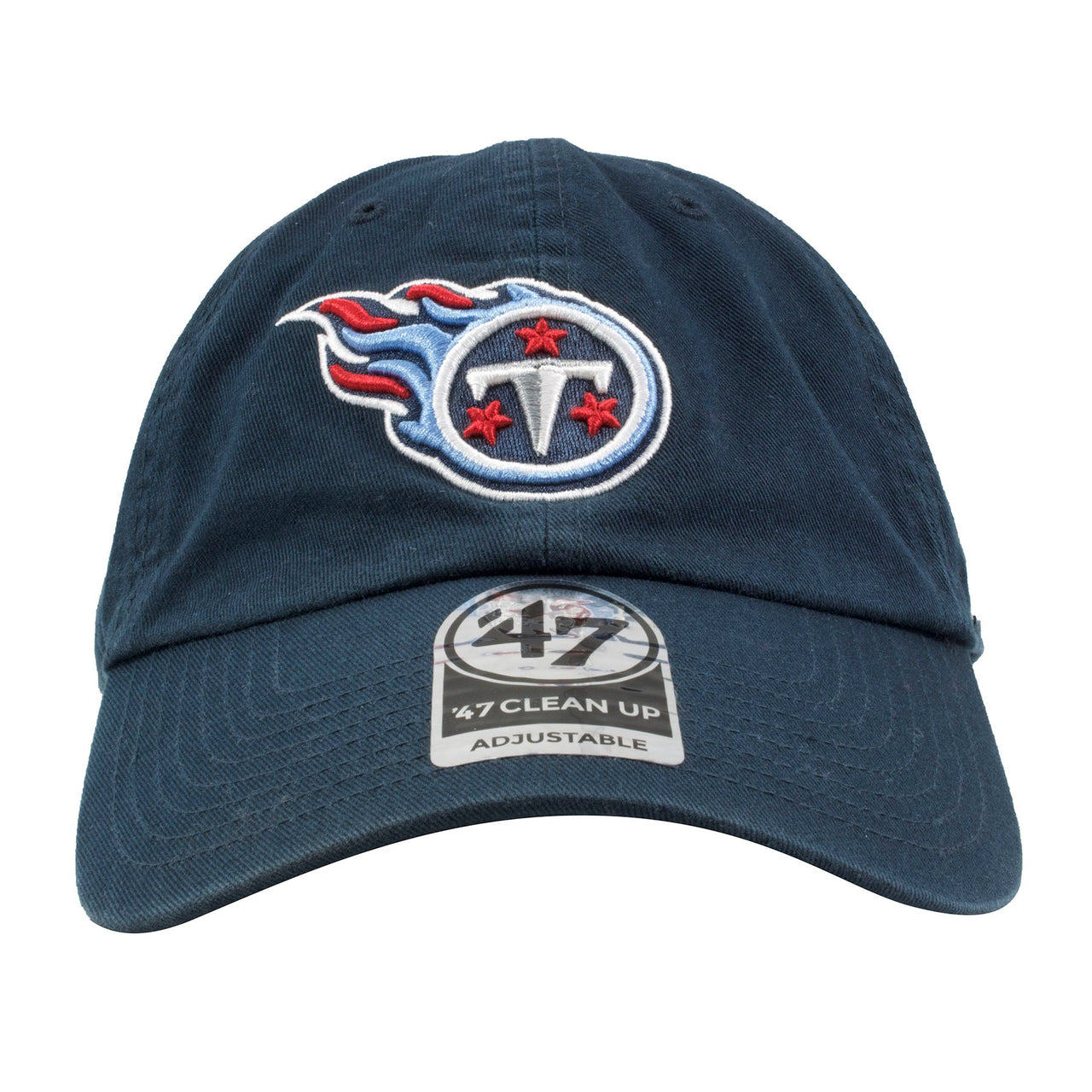 Embroidered on the front of the tennessee titans navy blue dad hat is the tennessee titans logo embroidered in red, blue