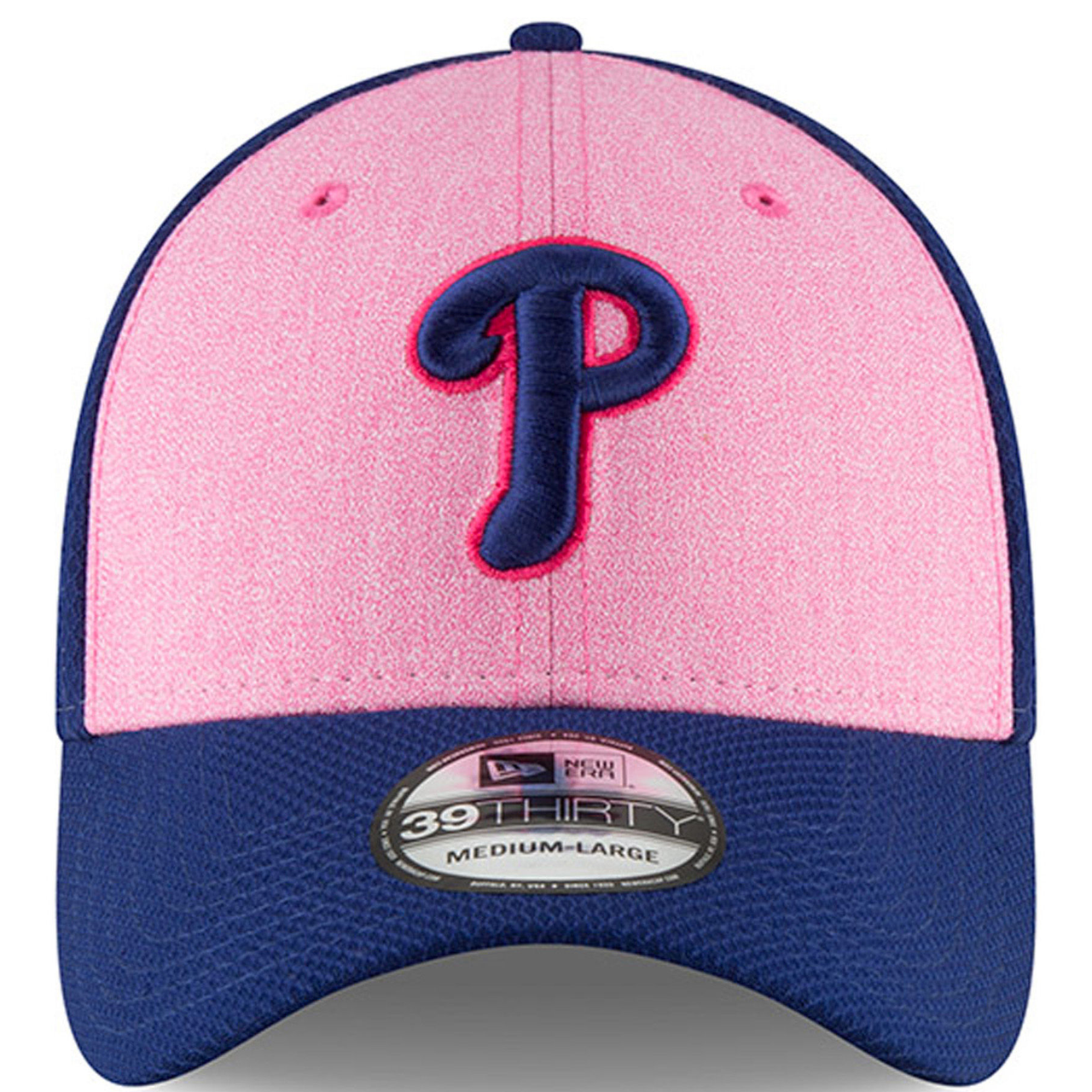 On the front of the philadelphia phillies 2018 mother's day 39thirty hat is a phillies logo embroidered in navy blue and hot pink