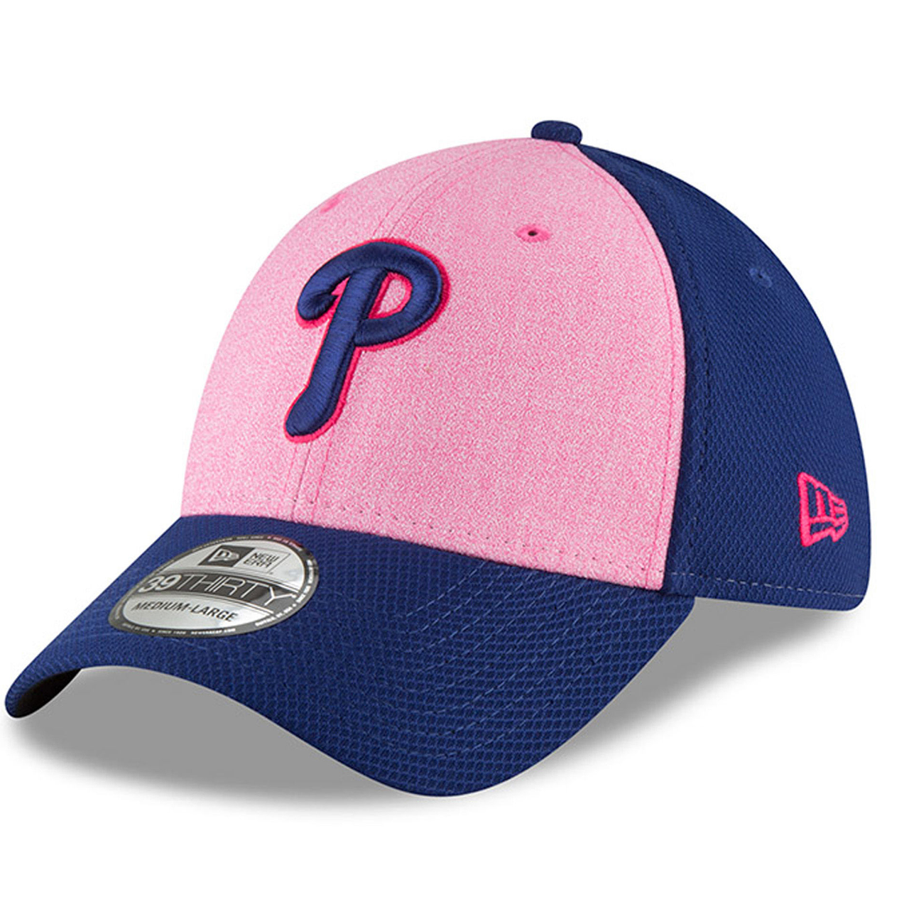 on the left side of the philadelphia phillies 39thirty 2018 mother's day stretch fit cap is the new era logo embroidered in hot pink