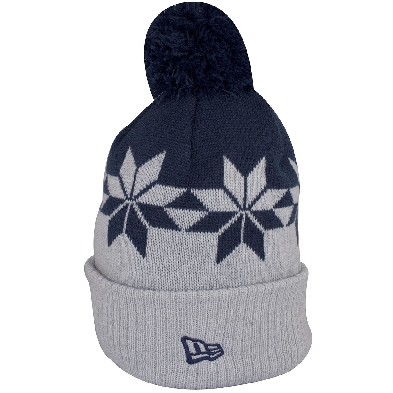 The left side of this Cowboy Gray beanie hat is a navy blue New Era Flag logo embroidered.