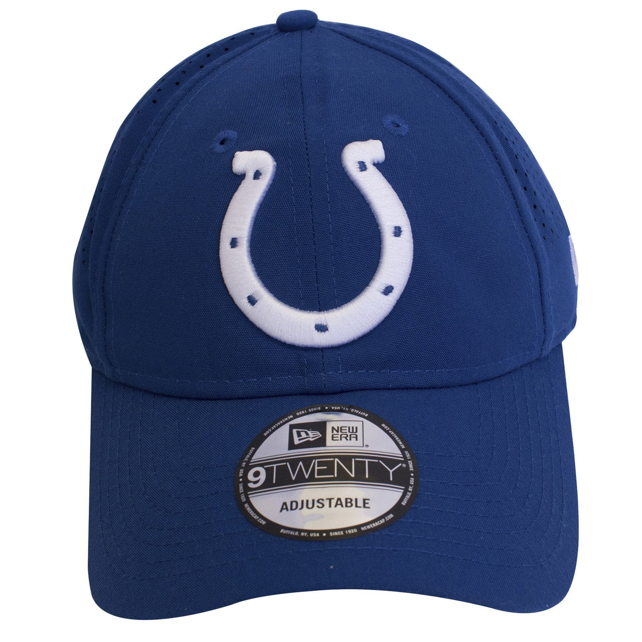 Large Indianapolis Colts logo heavily embroidered on the front of a royal blue dad hat.