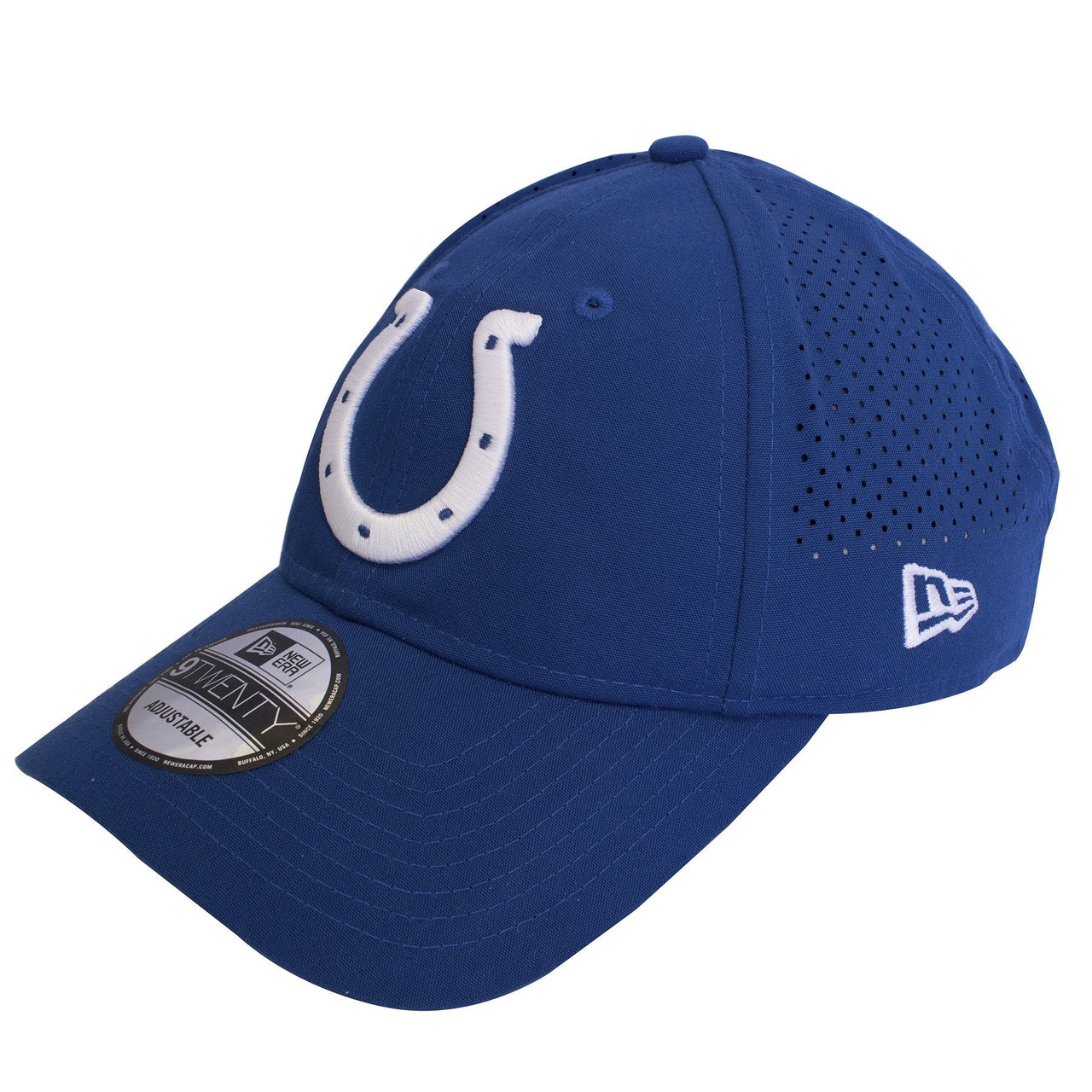 Left side of this Indianapolis Colts dad hat is the New Era logo threaded in white.