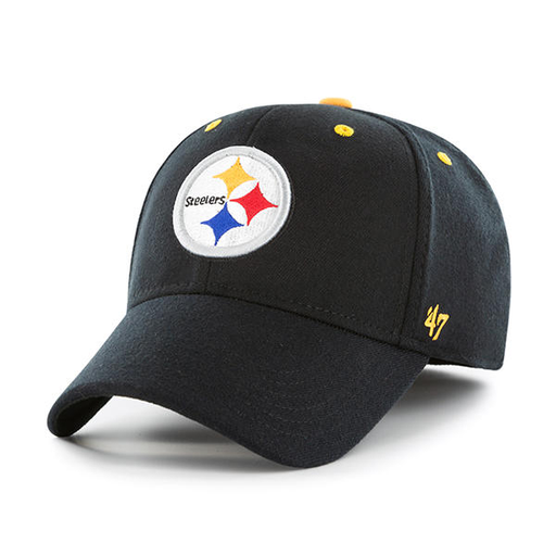 Embroidered on the front of the one size fits all Pittsburgh Steelers stretch fit cap is the Pittsburgh Steelers logo in white, black, red, yellow, and blue