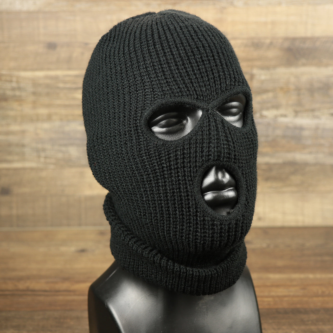 The Black Snug Fit Three Hole Balaclava | Black Knit Ski Mask pulled down