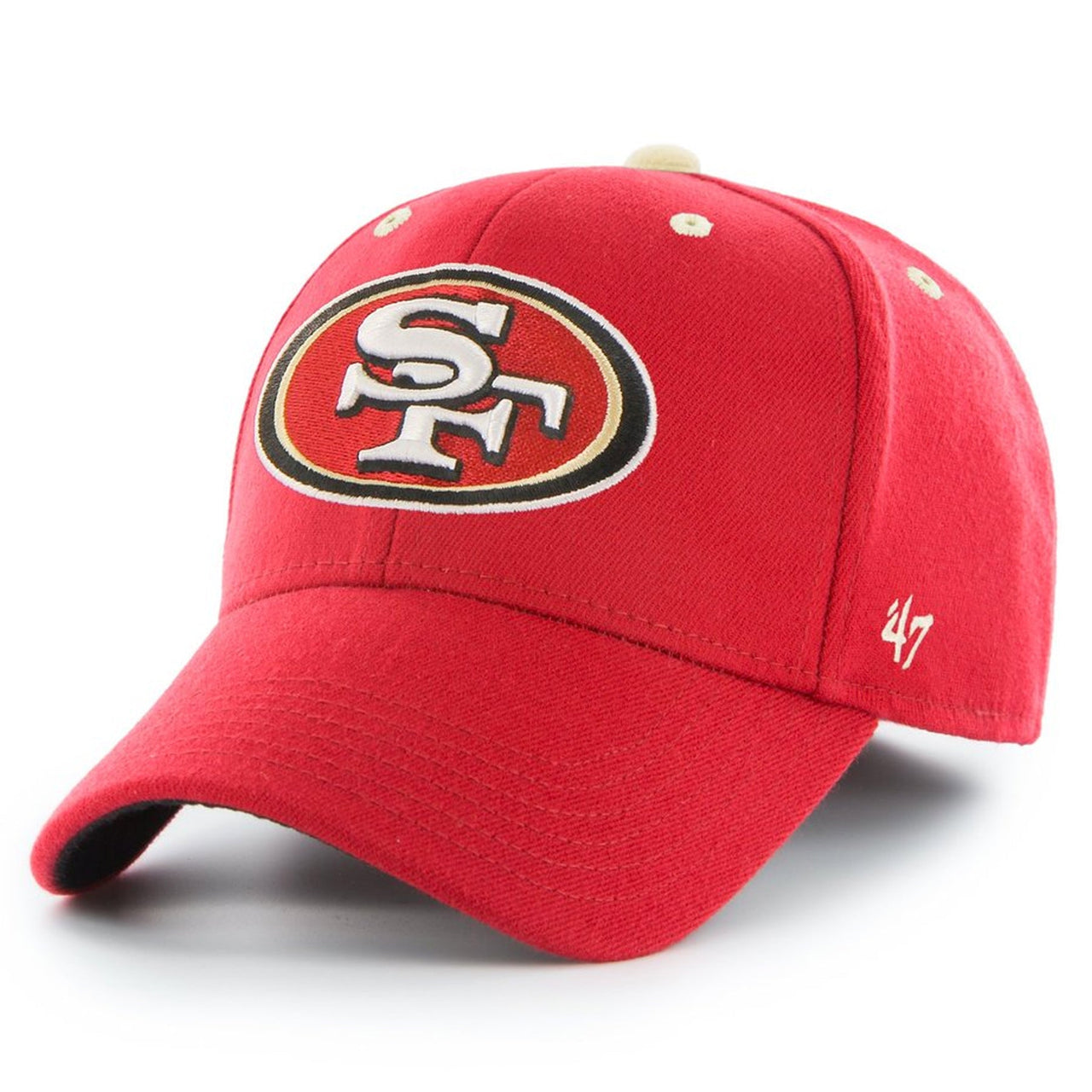 Embroidered on the front of the San Francisco 49ers stretch fit cap is the San Francisco 49ers logo in red, tan, white, and black