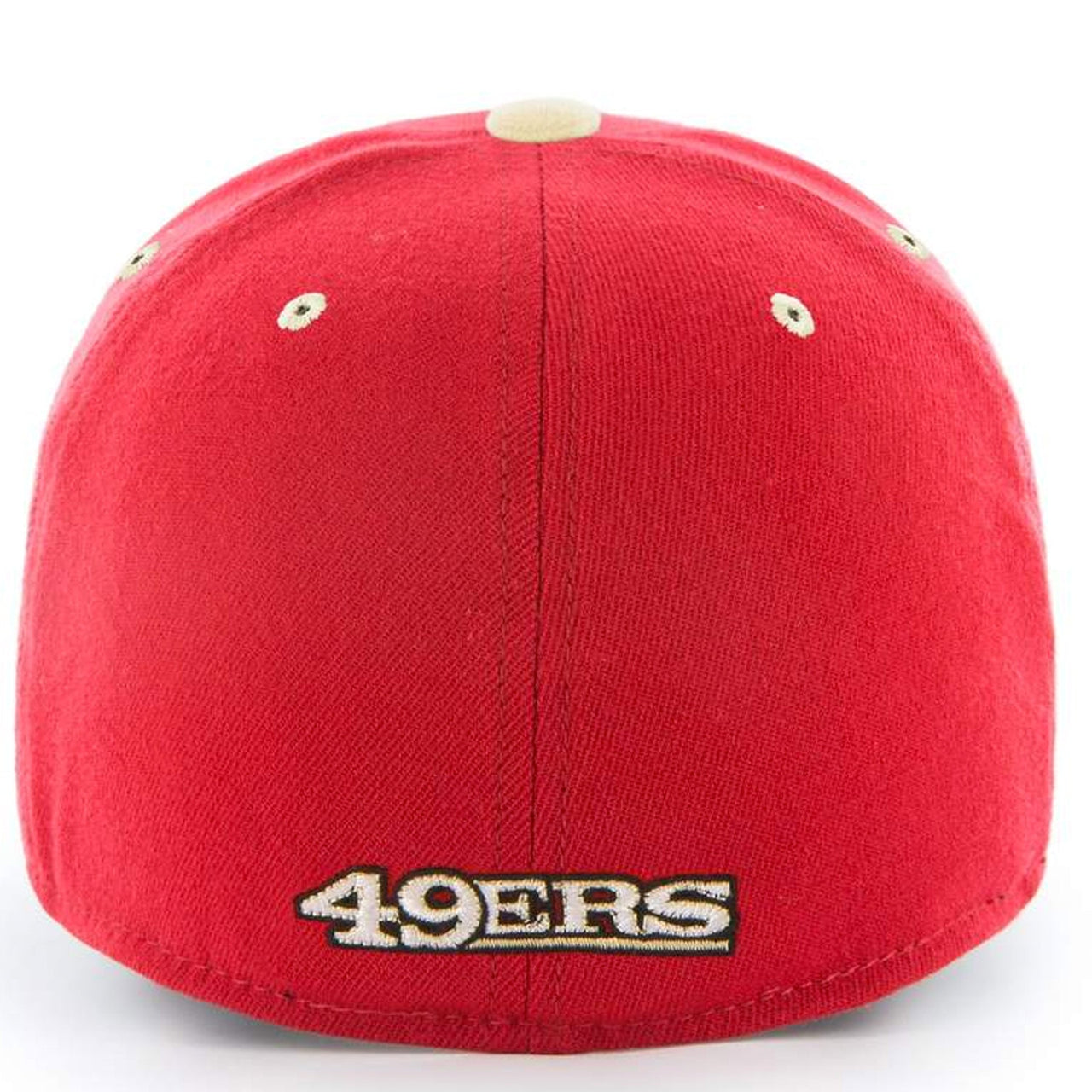 On the back of the red one size fits all San Francisco 49ers stretch fit cap is the 49ers wordmark embroidered in white and black