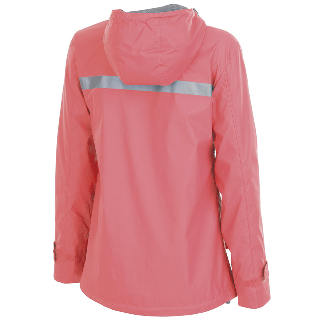 the coral windbreaker zip up women's jacket has a pink hood and a reflective band across the shoulder blades