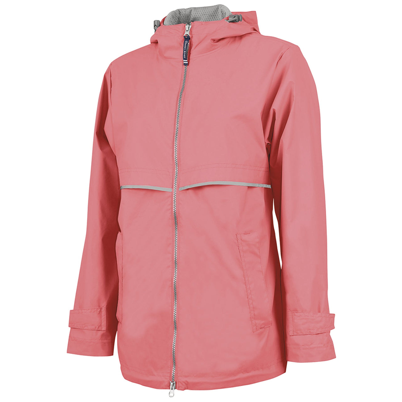 on the front of the coral women's zip-up windbreaker jacket is a reflective zipper