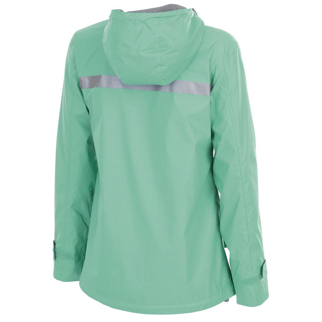 the hood of the women's mint reflective windbreaker zip-up is mint with a reflective band spanning across the width of the shoulder blades