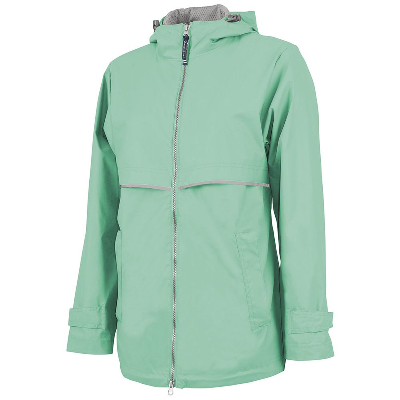 the front of the women's reflective mint zip-up windbreaker is a reflective zipper