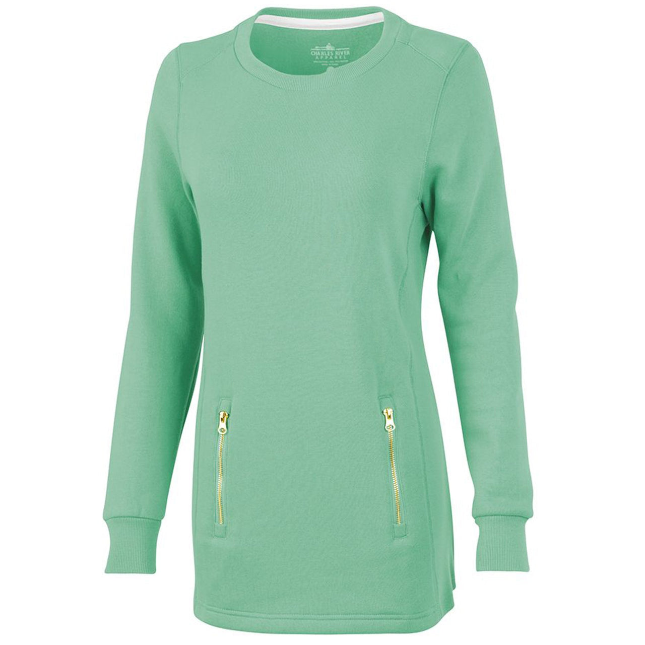 the front of the women's mint crewneck sweatshirt features a crewneck, long sleeves, and a gold zipper enclosed front pocket