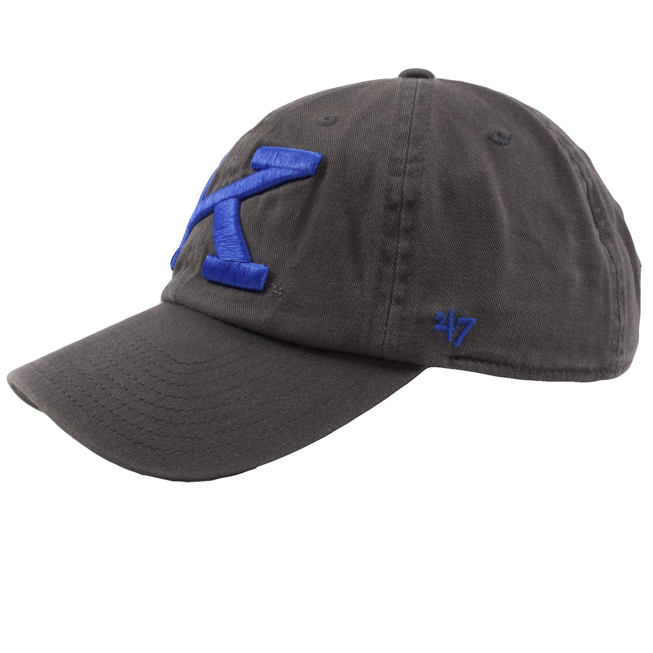 on the left side of the University of Kentucky Wildcats dad hat is the '47 brand logo embroidered in blue