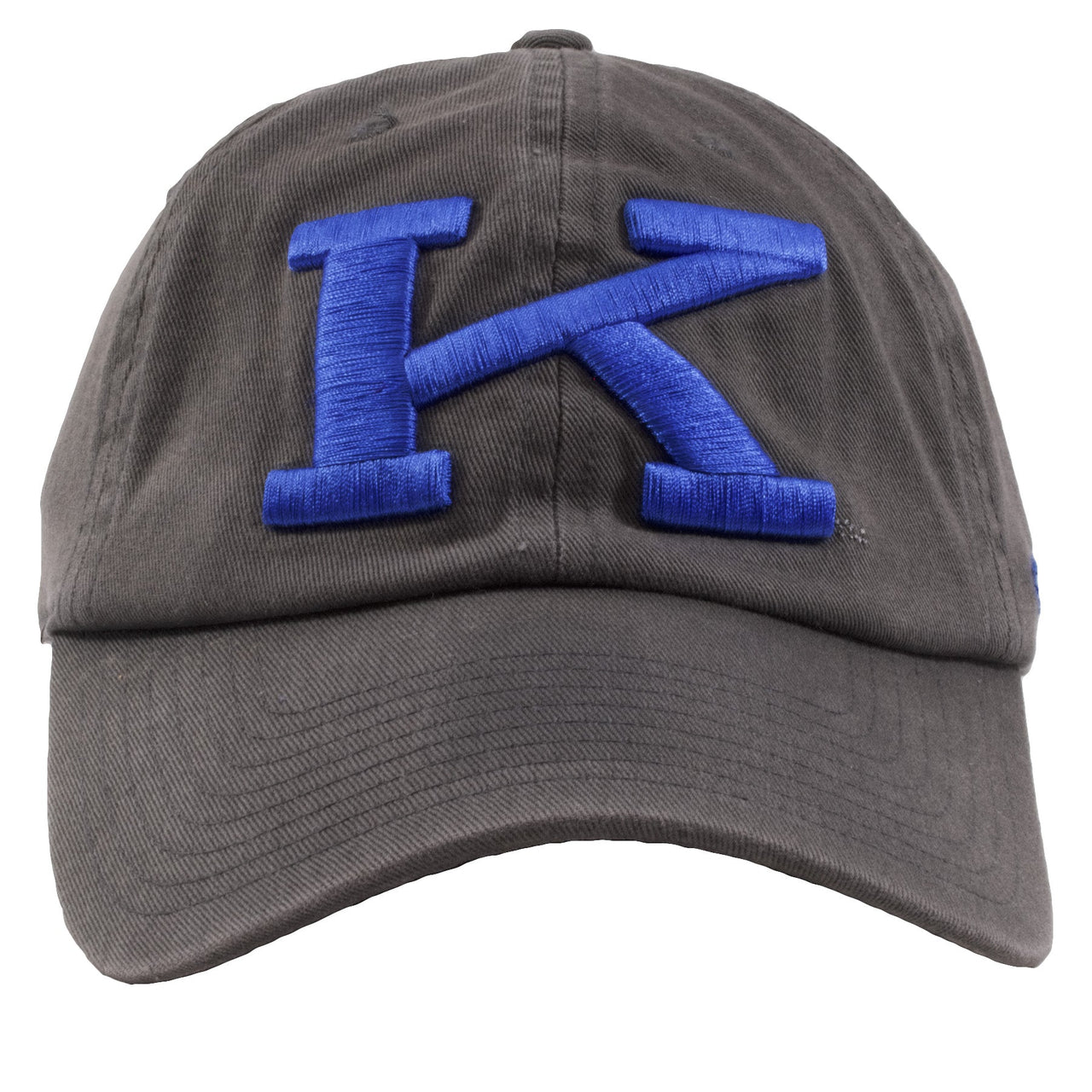 Embroidered on the front of the University of Kentucky charcoal dad hat, the Kentucky K logo is embroidered in blue