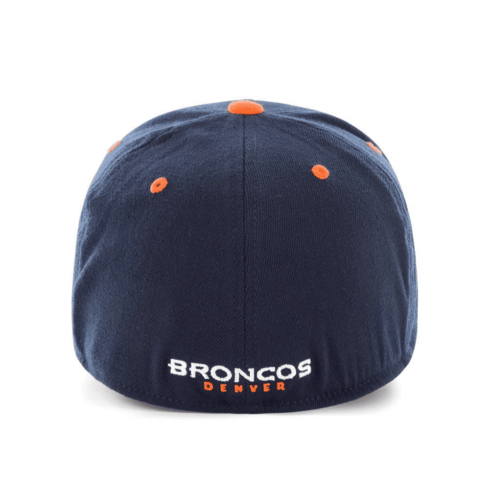 on the back of the denver broncos one size fits all stretch fit hat is the broncos wordmark embroidered in white and orange