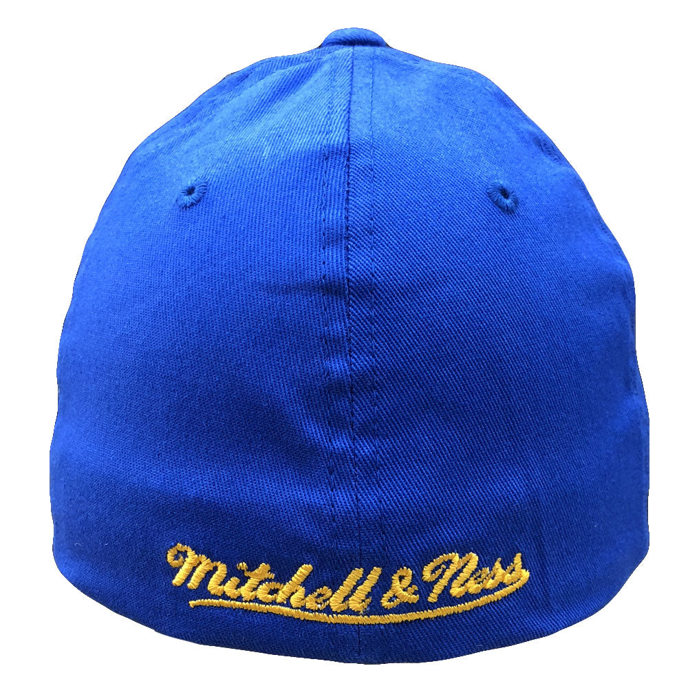on the back of the Golden State Warriors Mitchell and Ness stretch fit cap is the Mitchell and Ness logo embroidered in yellow