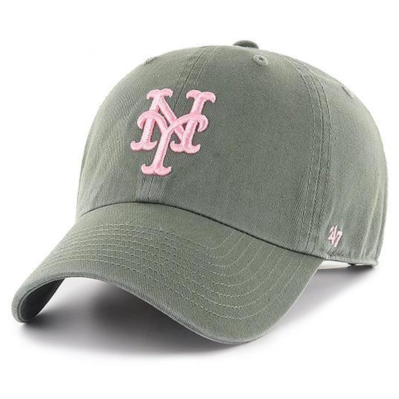 on the front of the new york mets olive women's dad hat is the new york mets logo embroidered in pink