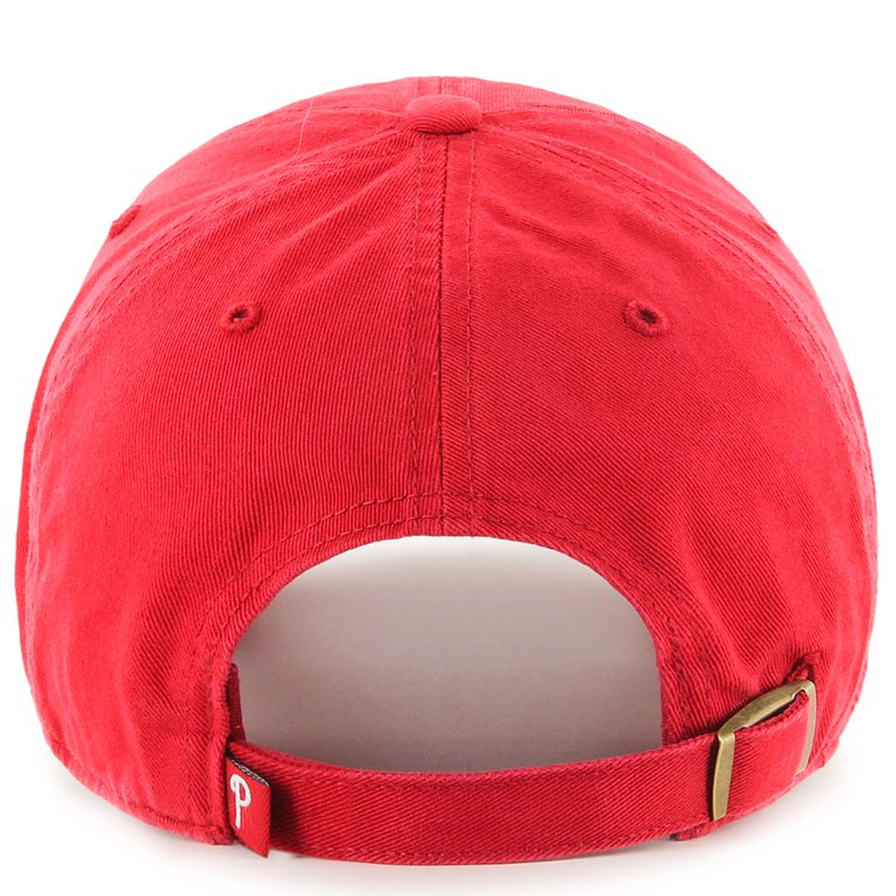 on the back of the philadelphia phillies red dad hat is a red adjustable strap