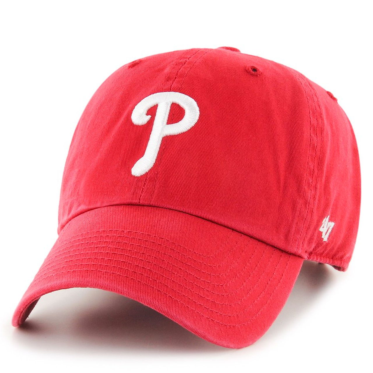on the front of the women's philadelphia phillies red dad hat is the philadelphia phillies logo embroidered in white