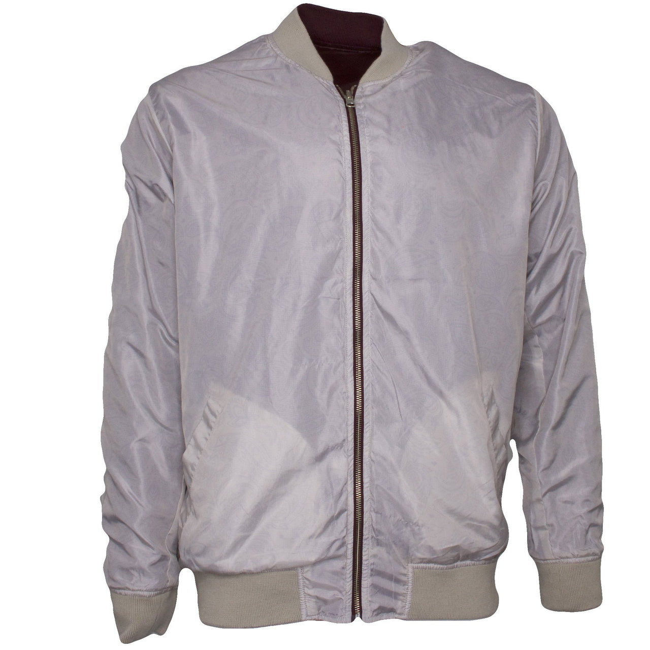 the interior of the reversible burgundy and cream bomber jacket is cream