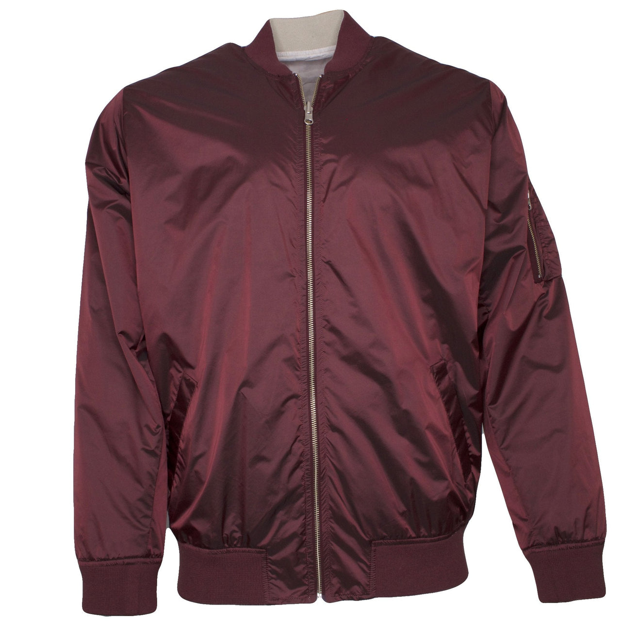 the reversible diamond supply co bomber jacket has a burgundy exterior and a cream interior