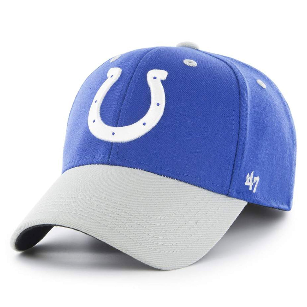 The Indianapolis Colts one size fits all stretch fit cap features the Indianapolis Colts horseshoe logo embroidered on the front in white and royal blue
