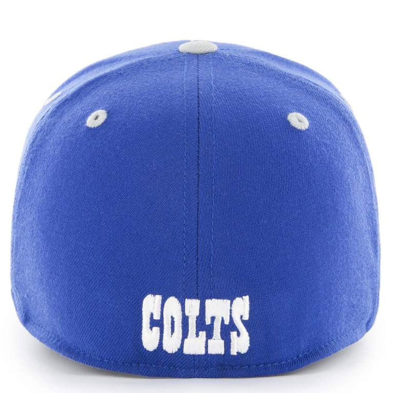 On the back of the Indianapolis colts blue on gray stretch fit cap has the Colts wordmark embroidered