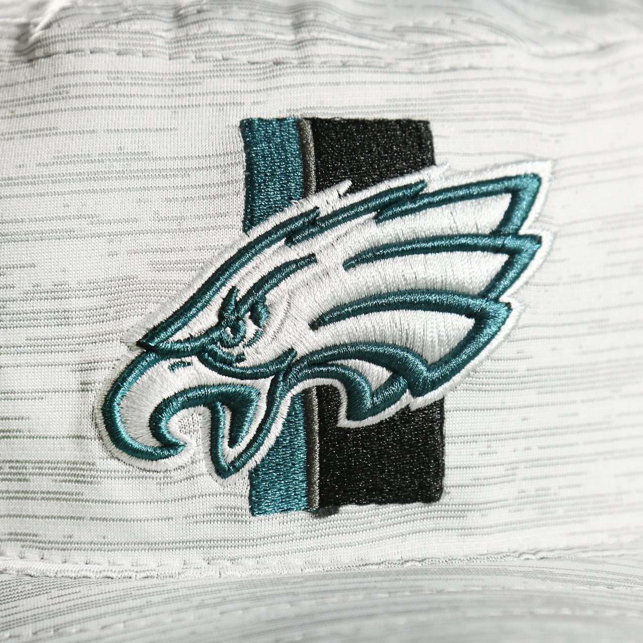 The Philadelphia Eagles Logo on the Philadelphia Eagles Summer Training Camp Wide Brim Panama Bucket Hat | Distinct Gray Bucket Hat