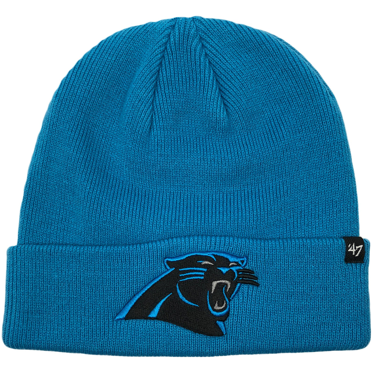 the Carolina Panthers Carolina Blue Knit Raised Cuff Beanie has the Carolina Panthers logo embroidered on the front in black