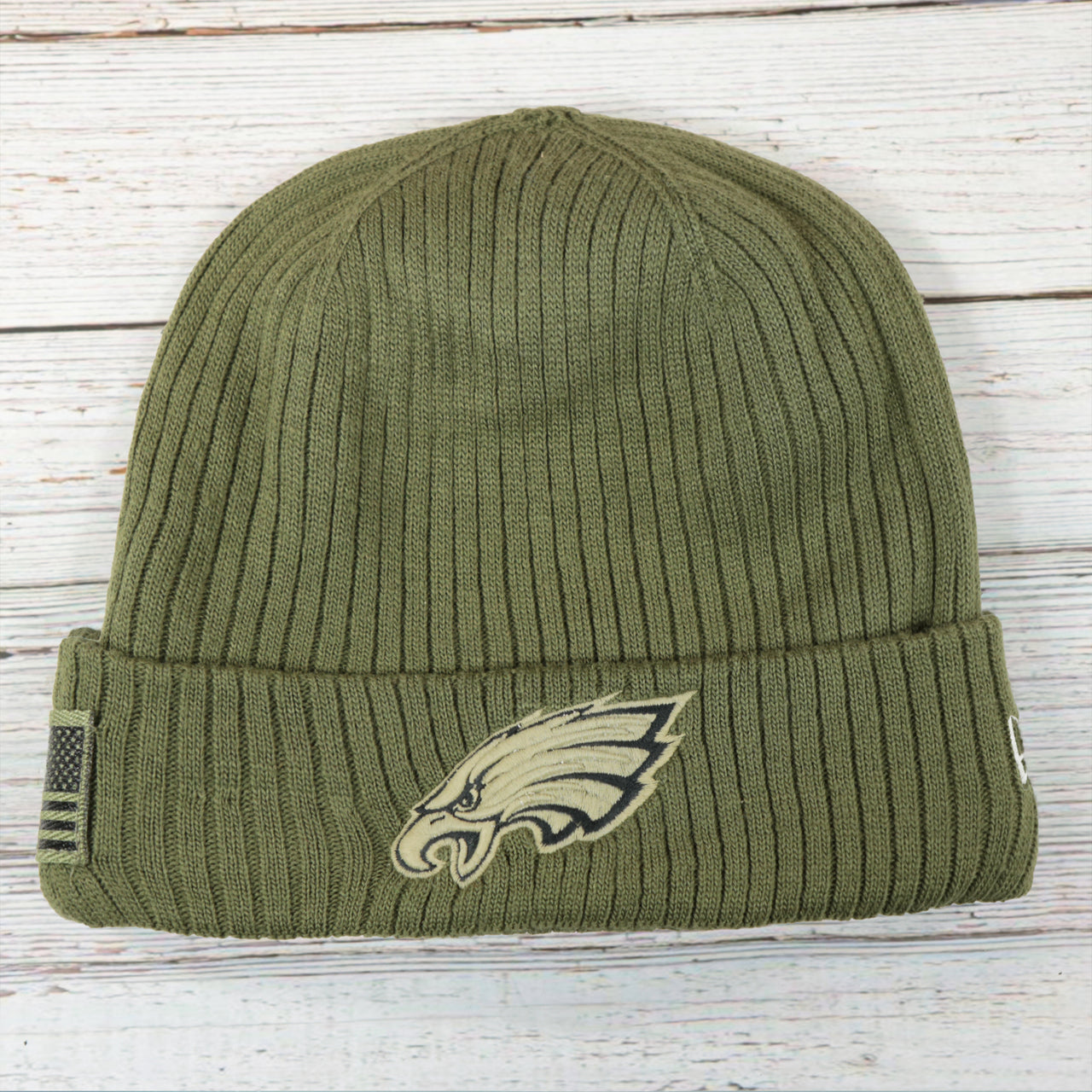 Philadelphia Eagles Stars And Stripes Patch Salute To Service Ribbon NFL On Field Beanie | Olive Green Beanie