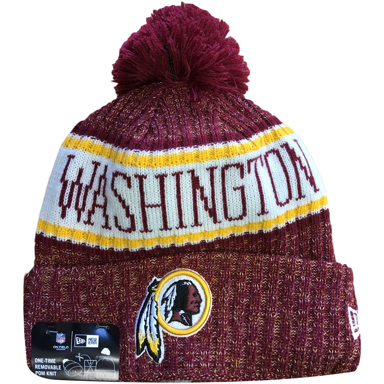 Embroidered on the front of the 2018 Washington Redskins Cold Weather On-Field Sideline Pom Beanie is the Washington Redskins logo embroidered in white, yellow, and maroon. Across the crown of the 2018 Washington Redskins On-Field Sideline Beanie is the word Washington in maroon
