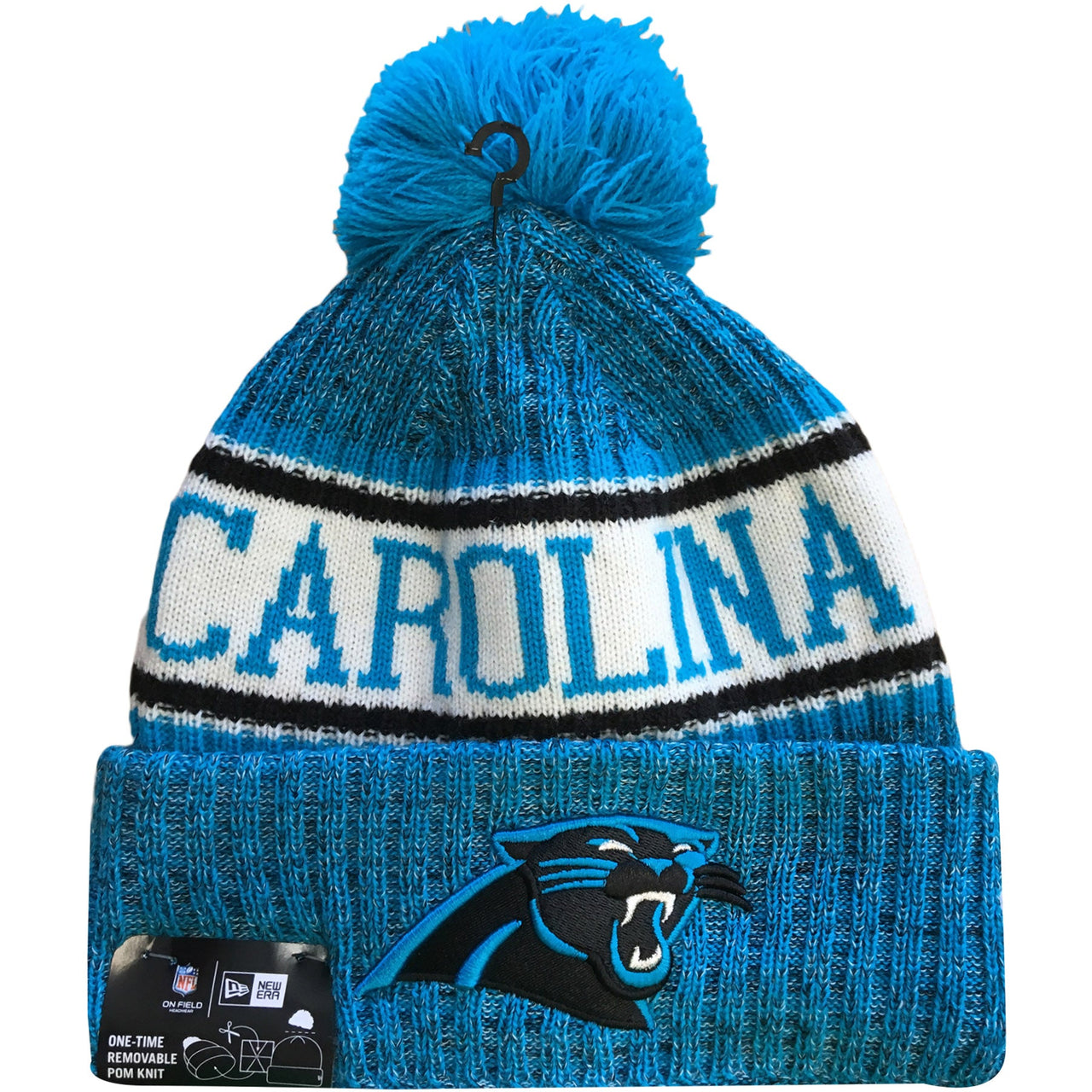 Embroidered on the front of the Carolina Panthers 2018 On Field Cold Weather Sideline Beanie is the Carolina Panthers logo embroidered in black and carolina blue