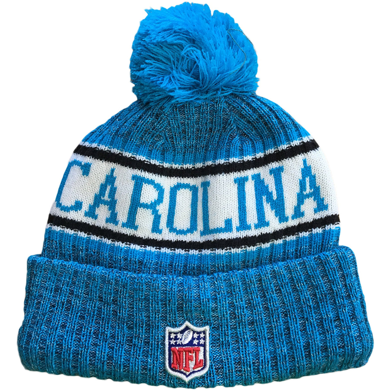 Embroidered on the back of the Carolina Panthers 2018 On Field Sideline Cold Weather beanie is the NFL shield embroidered in red, white, and blue