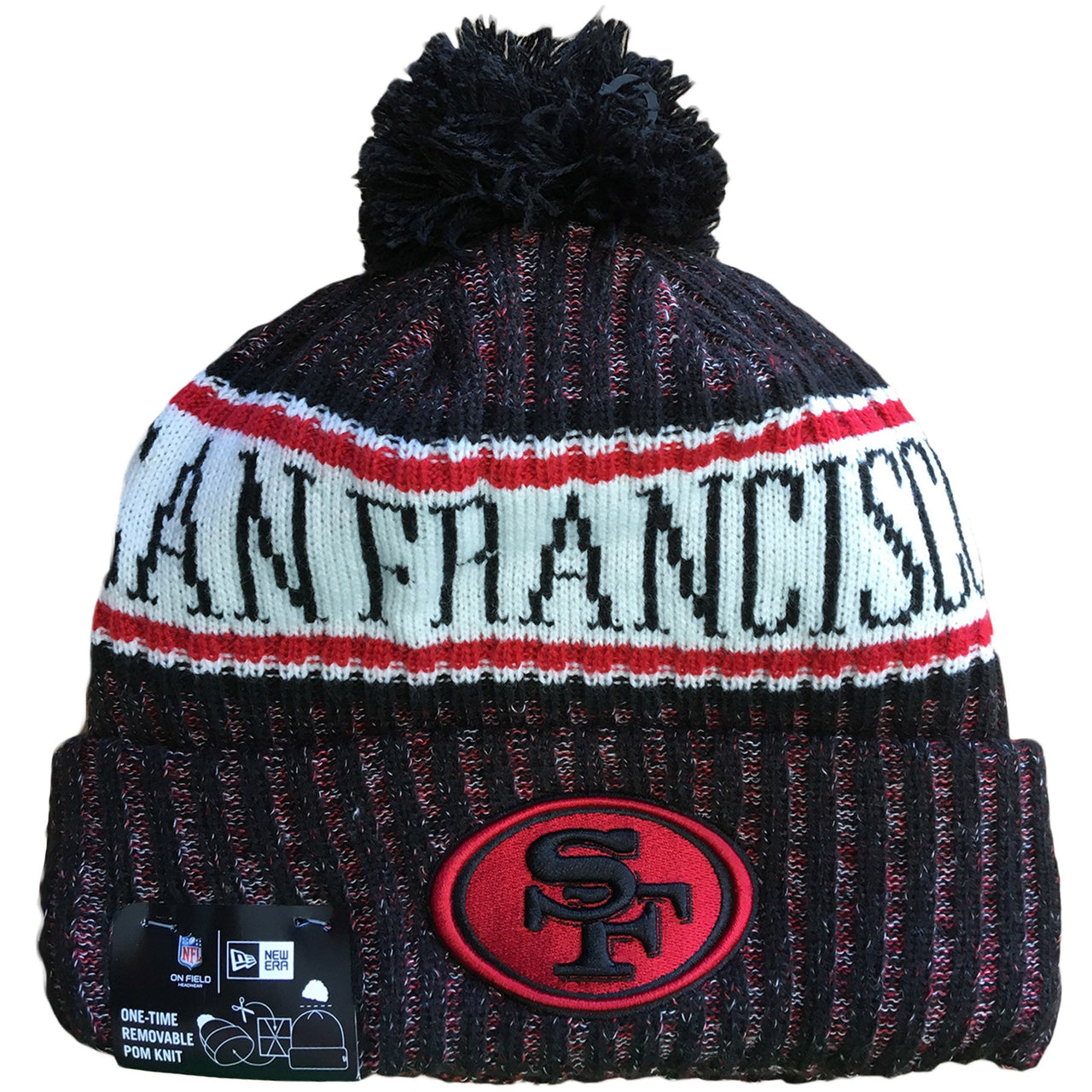 Embroidered on the front of the 2018 Cold Weather San Francisco On Field Sideline Winter Beanie is the San Francisco 49ers logo embroidered in red and black