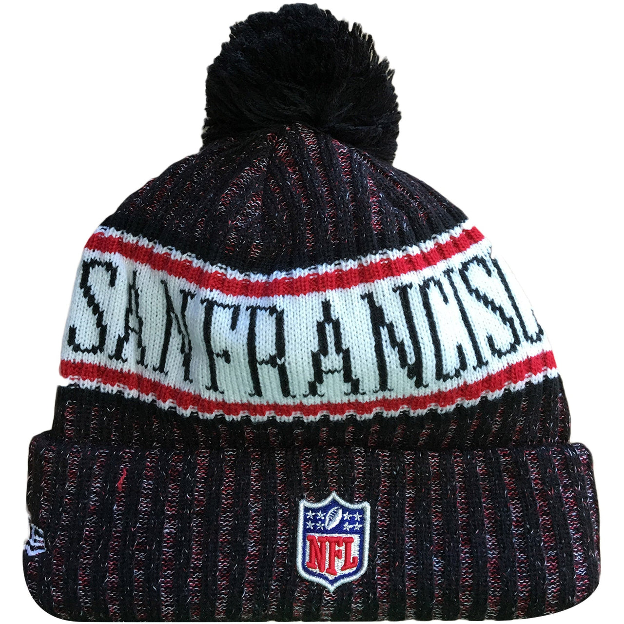 Embroidered on the back of the 2018 San Francisco 49ers On Field Sideline Cold Weather Beanie is the NFL Shield embroidered in white, red, and blue