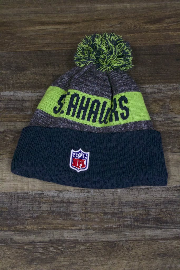 Seattle Seahawks Cuffed Logo Pom Pom Winter Beanie | Black And Neon Green Winter Beanie