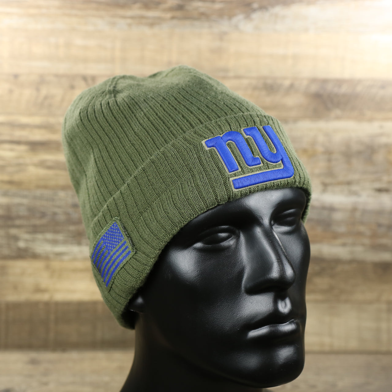 New York Giants On Field Salute To Service American Flag Patch Knit Winter Beanie | Olive Green Winter Beanie