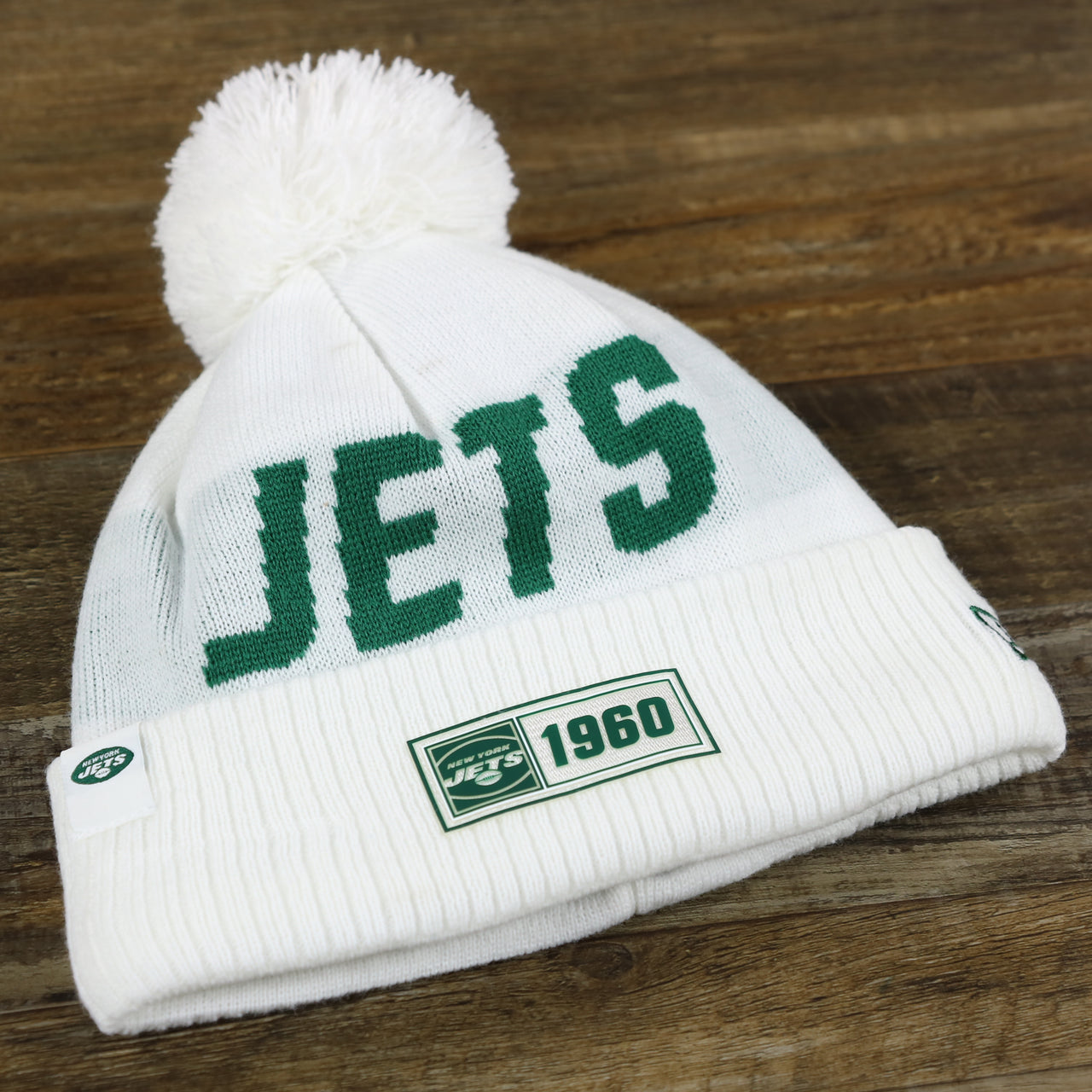 New York Jets On Field Rubber Jets 1960 Patch Cuffed Pom Pom Winter Beanie | White Winter Beanie