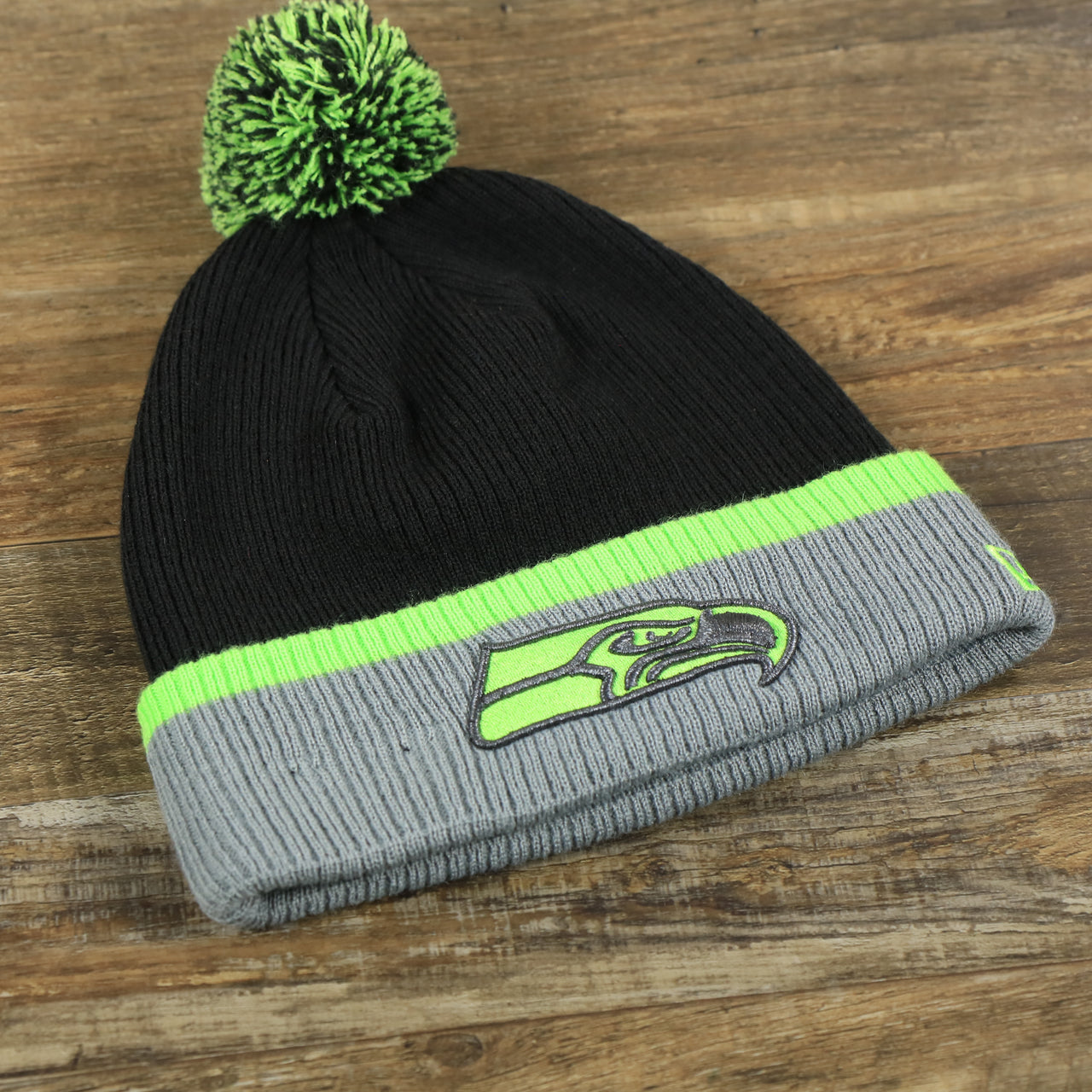 Seattle Seahawks Cuffed Logo Winter Knit Charcoal Beanie With Neon Green Pom Pom | Gray And Neon Green Winter Beanie