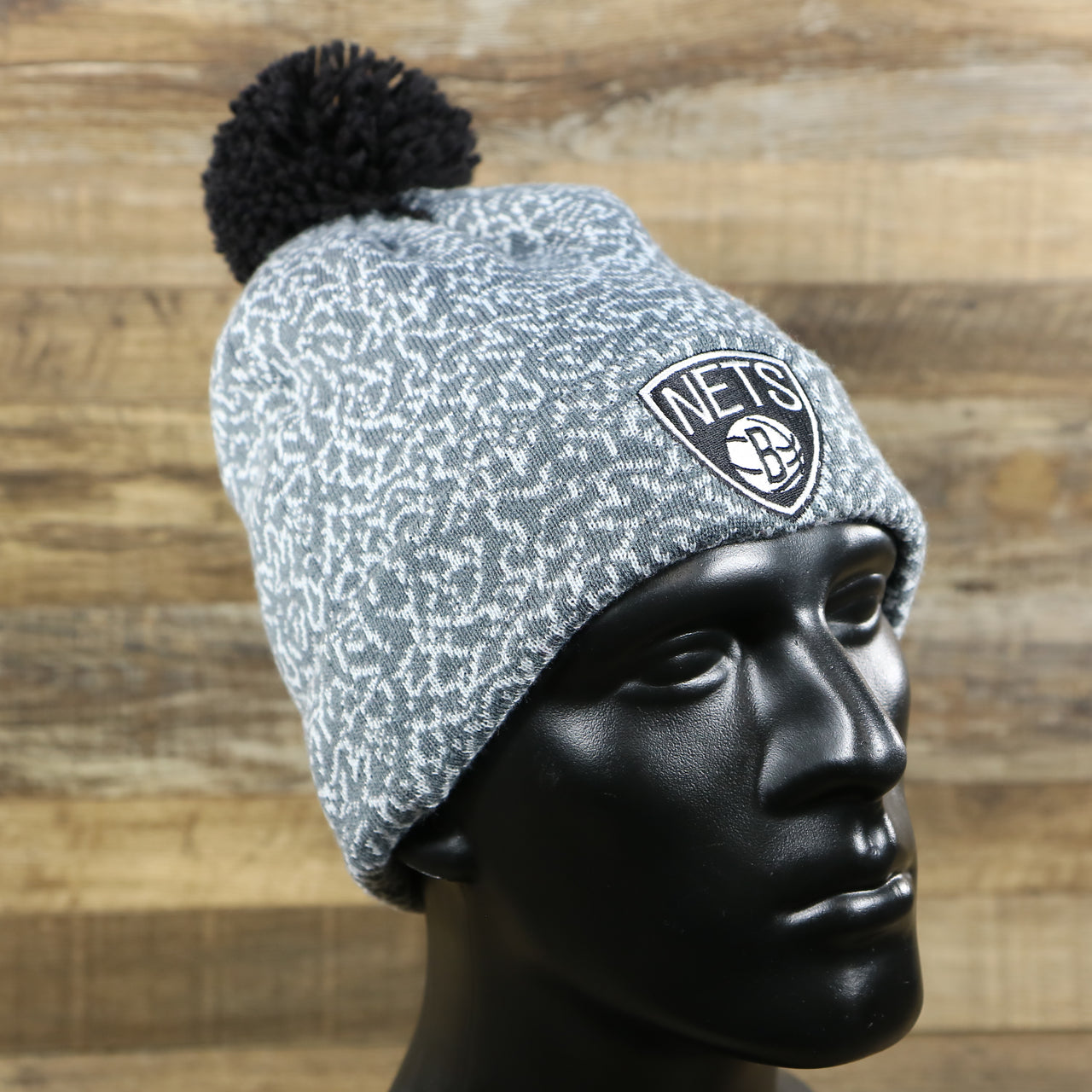 The Brooklyn Nets Jordan 3 Matching Concrete Print Winter Beanie With Pom Pom | Gray Winter Beanie