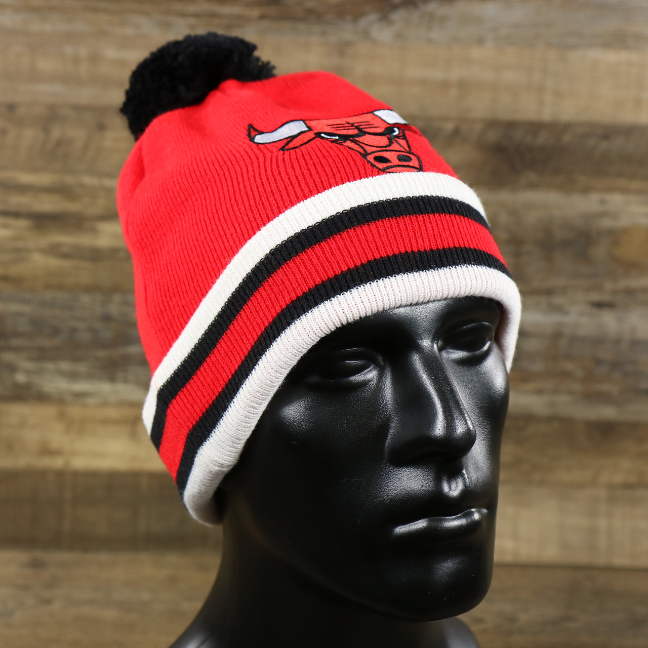 The Chicago Bulls Striped Cuff Pom Pom Winter Beanie | Red Winter Beanie