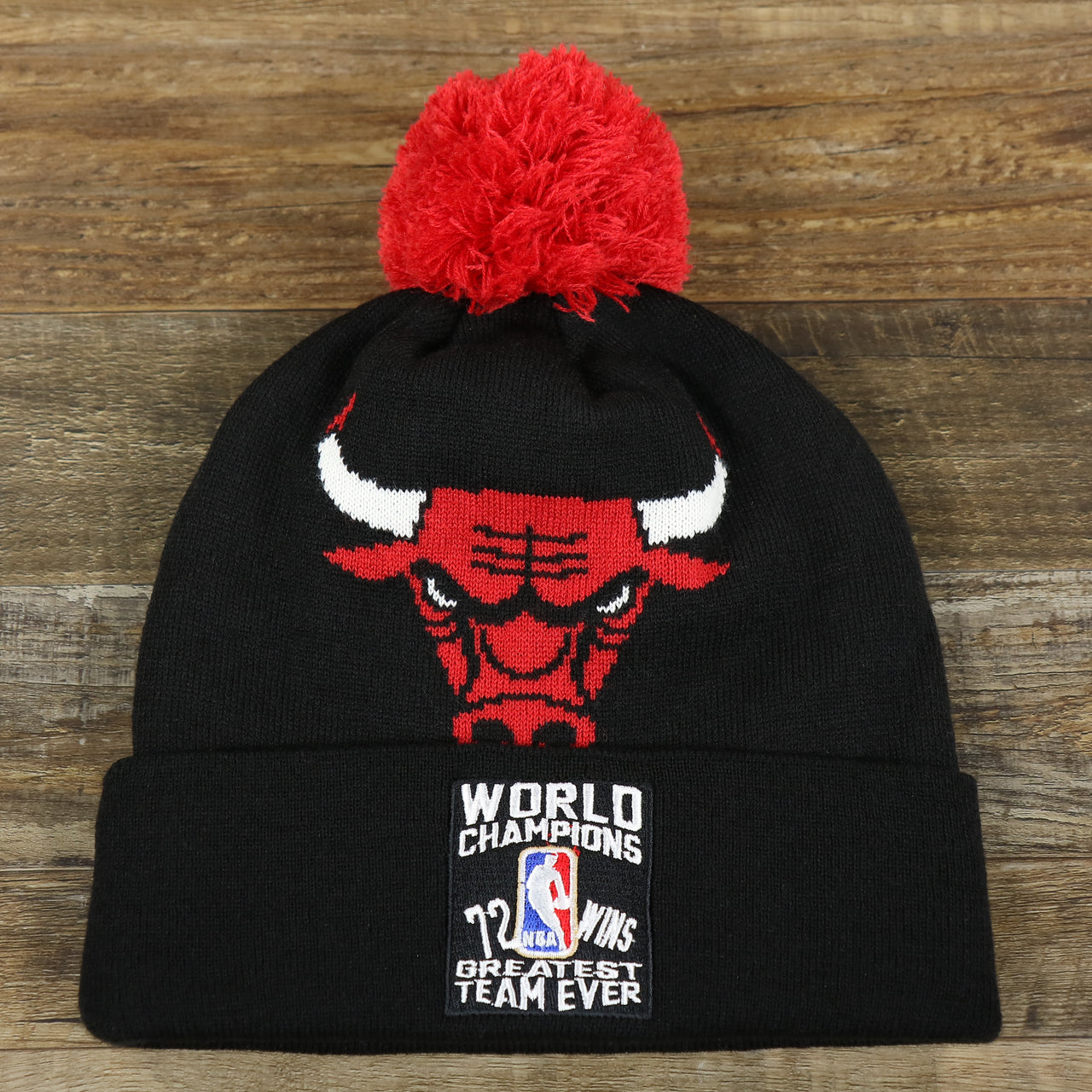 The front of the Chicago Bulls World Champions 72-10 Cuffed Winter Beanie to Match Jordan 11s | Black Winter Beanie