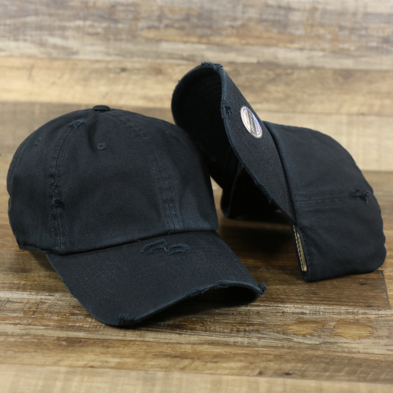 The Jet Black Bent Brim Blank Distressed Baseball Hat | Black Dad Hat