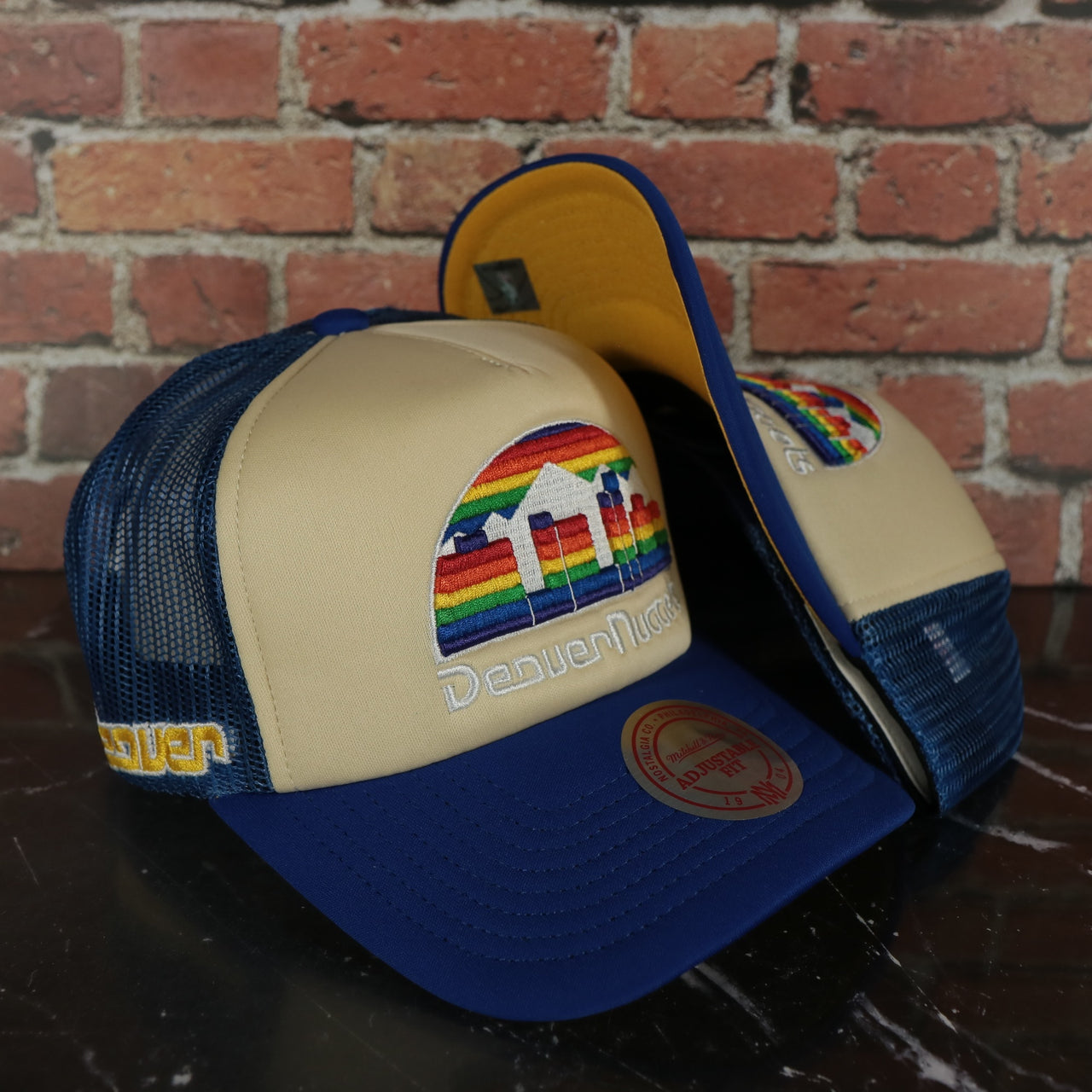 Denver Nuggets Vintage "Denver" wordmark Yellow Bottom 2-Tone Foam Trucker Hat | Royal Blue/Off-White Mitchell and Ness Hat