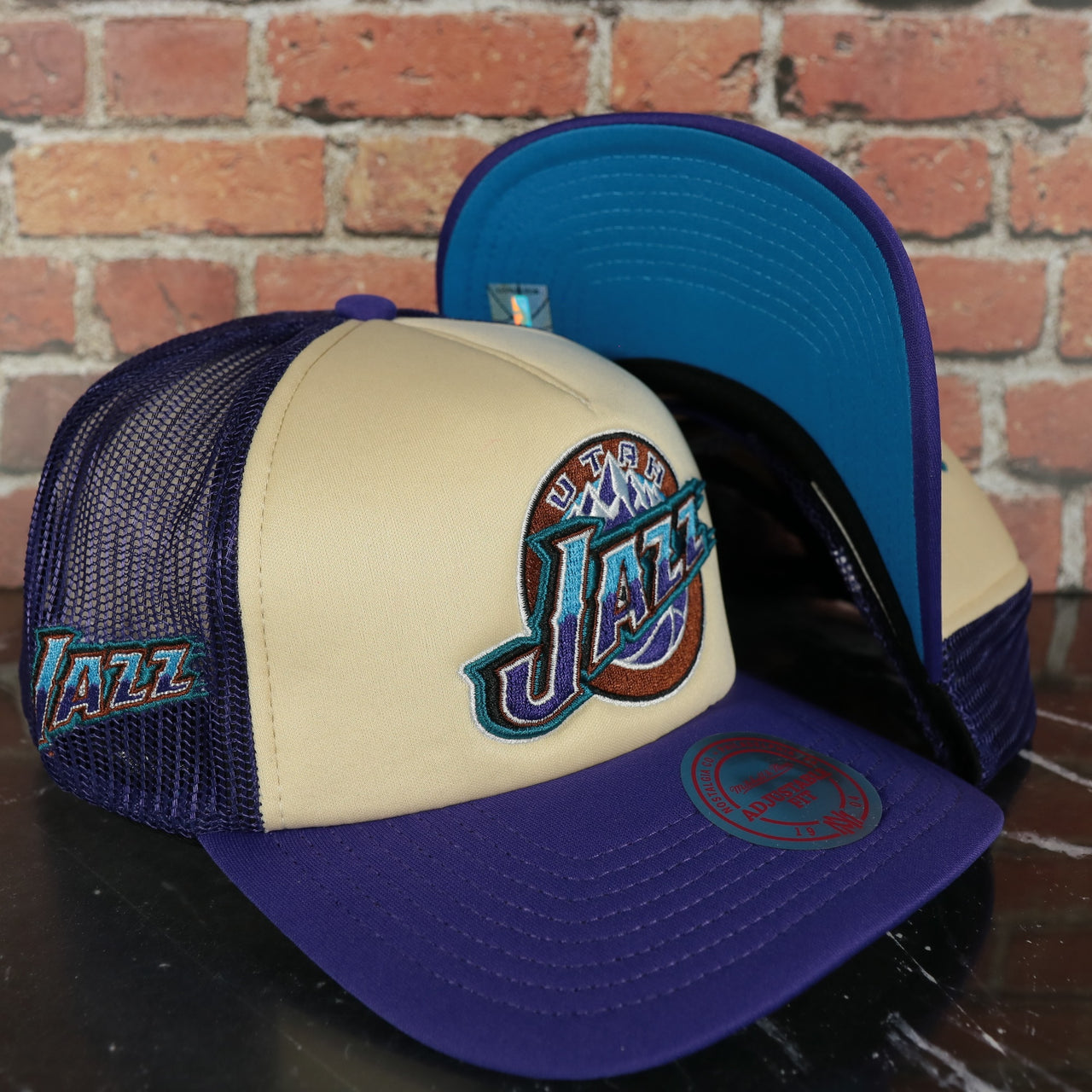 Utah Jazz Vintage "Jazz" wordmark blue Bottom 2-Tone Foam Trucker Hat | Purple/Off-White Mitchell and Ness Hat