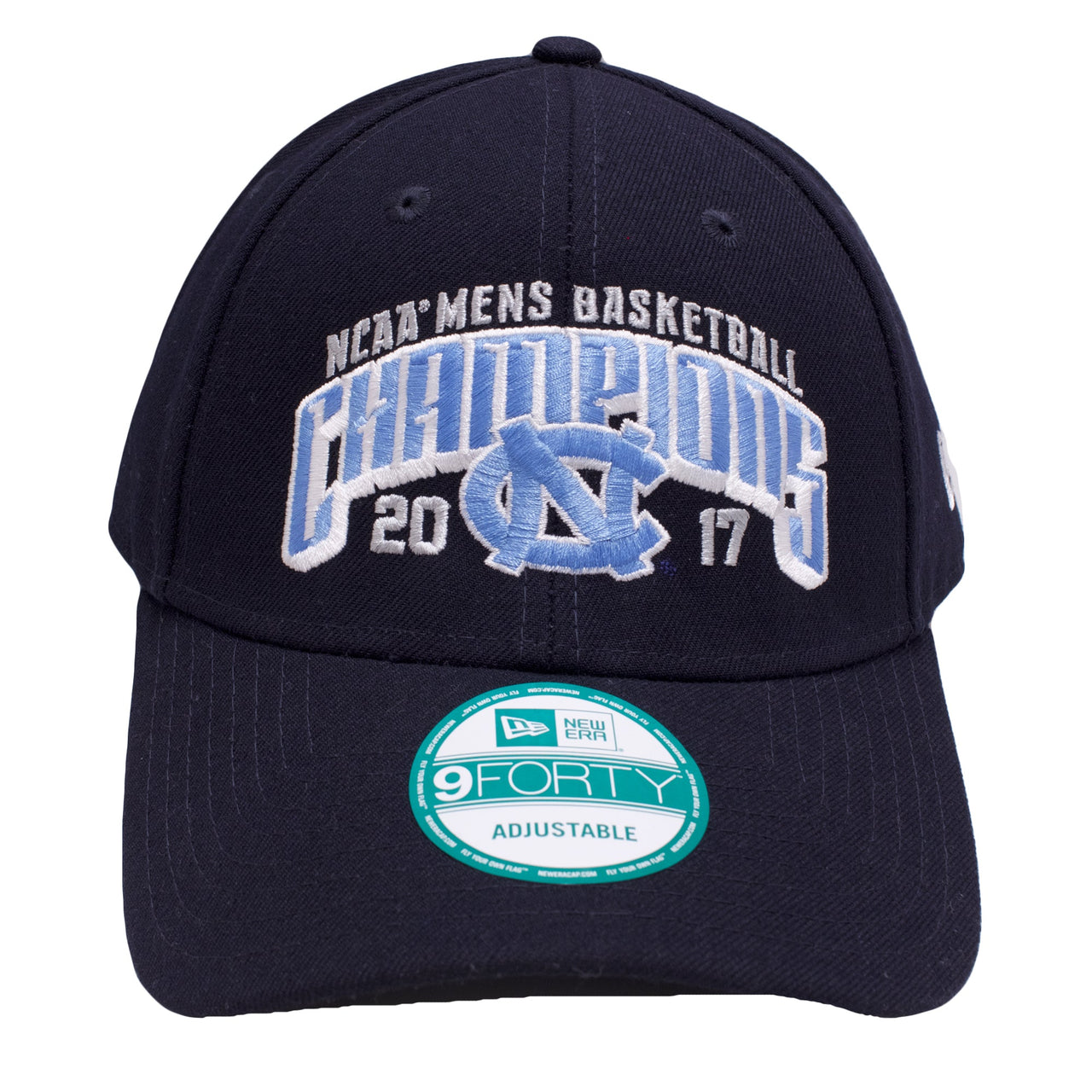 the NCAA Men's Basketball 2017 Championship dad hat is navy blue with a white and light blue logo embroidered on the front