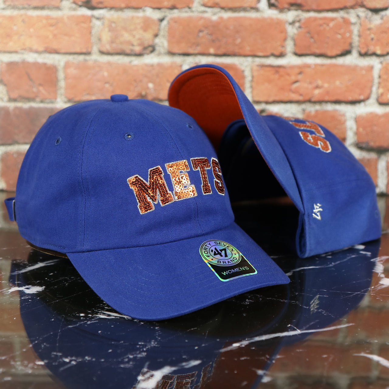 New York Mets Sequin Lettering Blue Womens Baseball Hat | Ladies Royal Blue Mets Baseball Hat with Sequins