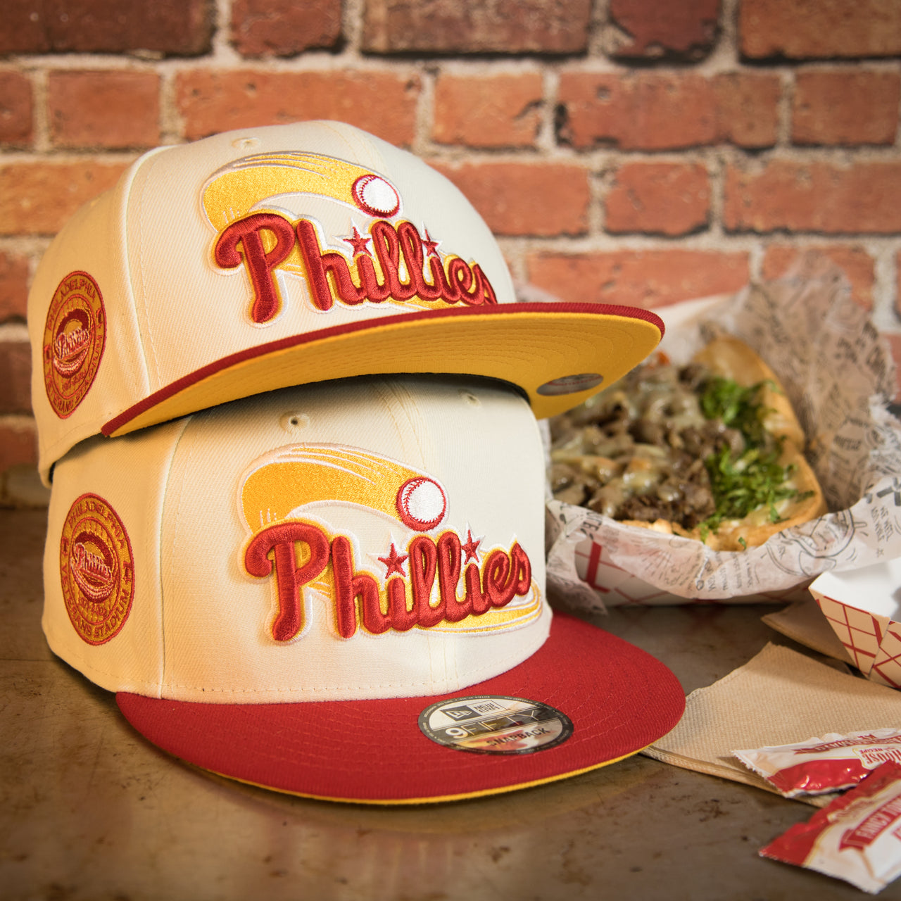 front of the Philadelphia Phillies Cooperstown Veterans Stadium Side Patch Side Patch Yellow UV 9Fifty Snapback Cap | Chrome/Red | CheeseSteak Pack nohiosafariclub Exclusive