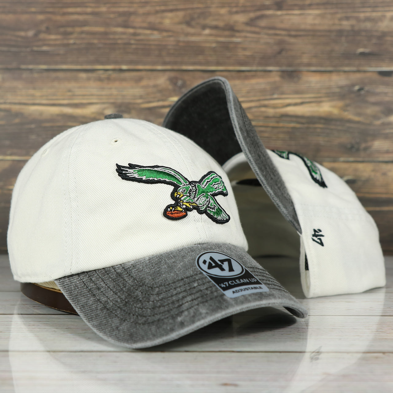 front of the Philadelphia Eagles Throwback White Dad Hat Hat | White Adjustable Baseball Cap