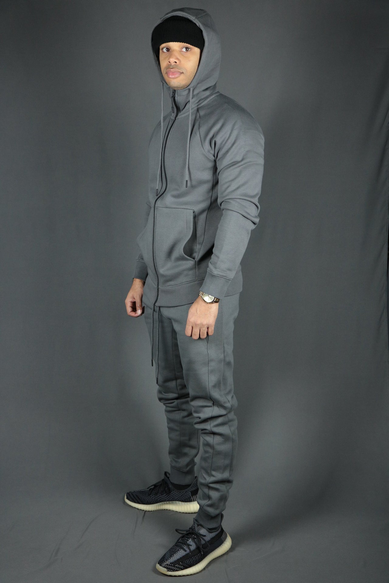 The Jordan Craig charcoal zipped basic fleece hoodie with the Jordan Craig charcoal joggers.