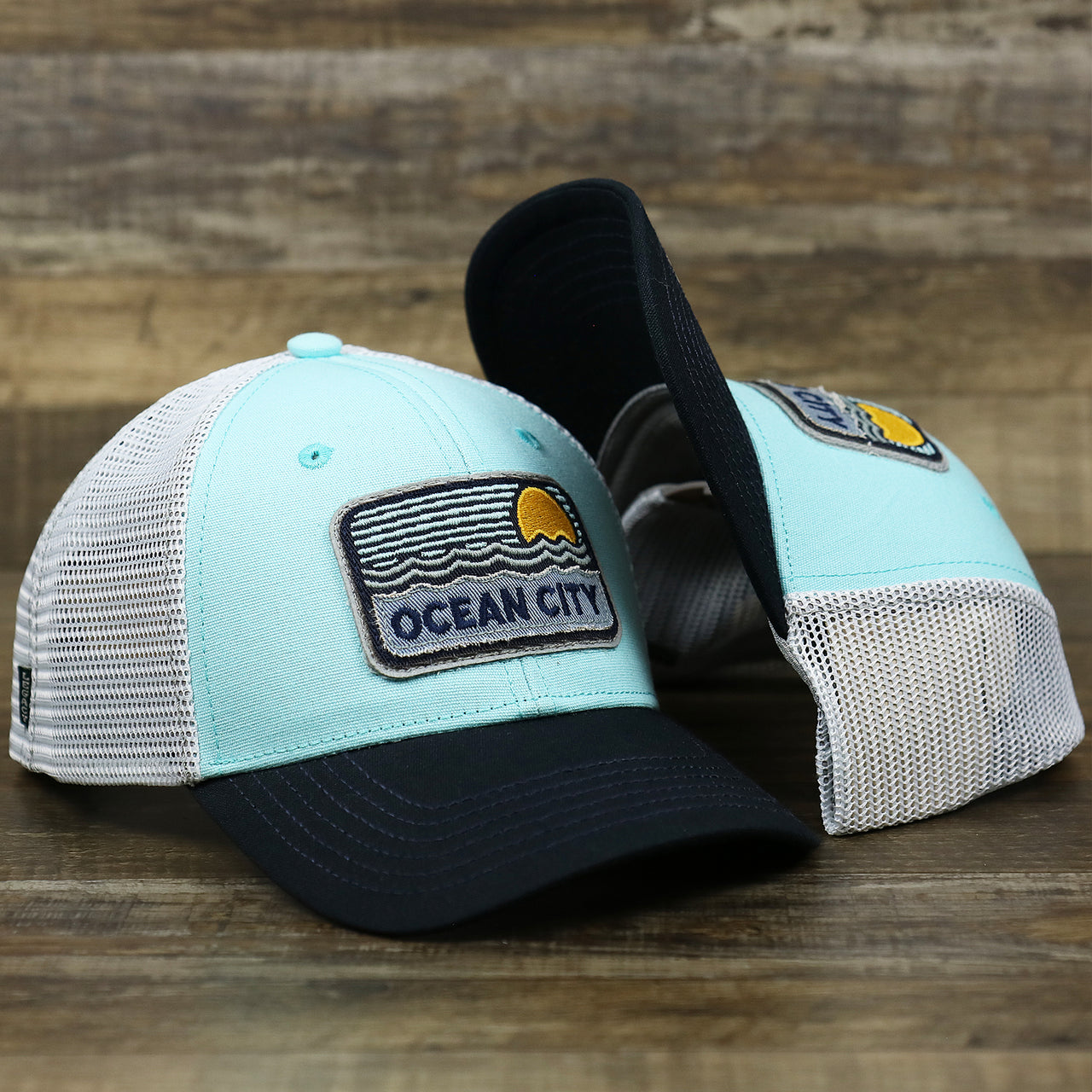 The New Jersey Ocean City Sunset Mesh Back Trucker Hat | Black And Grey Mesh Trucker Hat